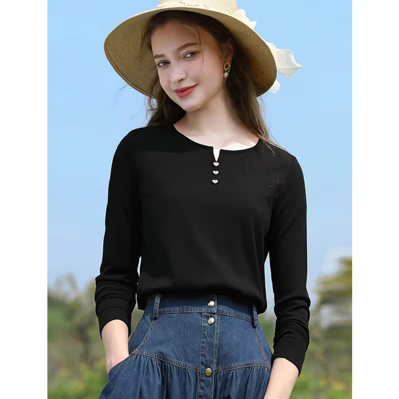 T-shirt à manches longues et col en V pour femme, chemise slim à fond interne, haut avec boutons, I 