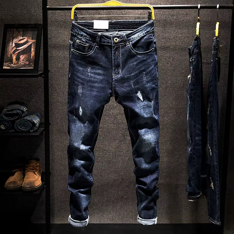 Jean droit élastique américain pour hommes, pantalon en Denim en coton déchiré, coupe Slim, Style co