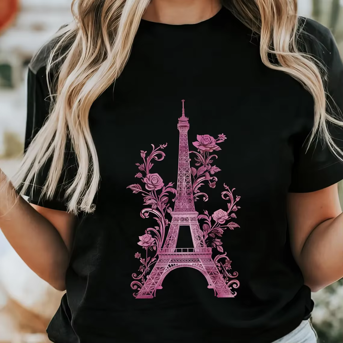 T-shirt Tour Eiffel Paris Rose Floral Vintage Cadeau Souvenir Français Vêtements Femme Mode