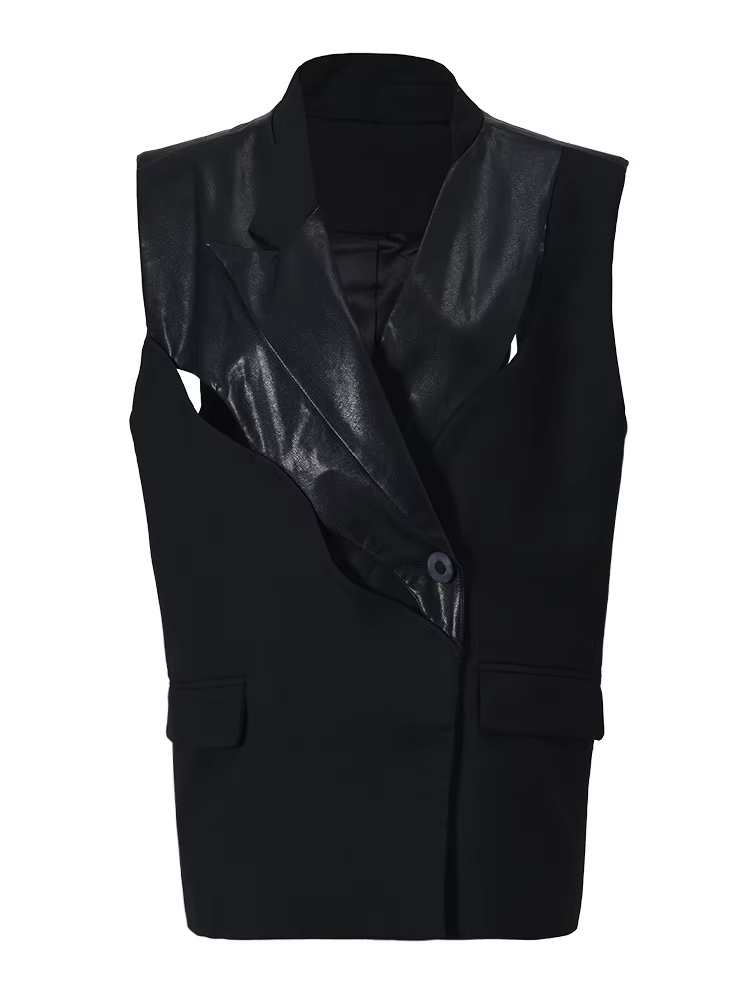 [EAM] Nouveau Gilet Long Élégant en Similicuir Noir Découpé Grande Taille pour Femme, Col Revers San
