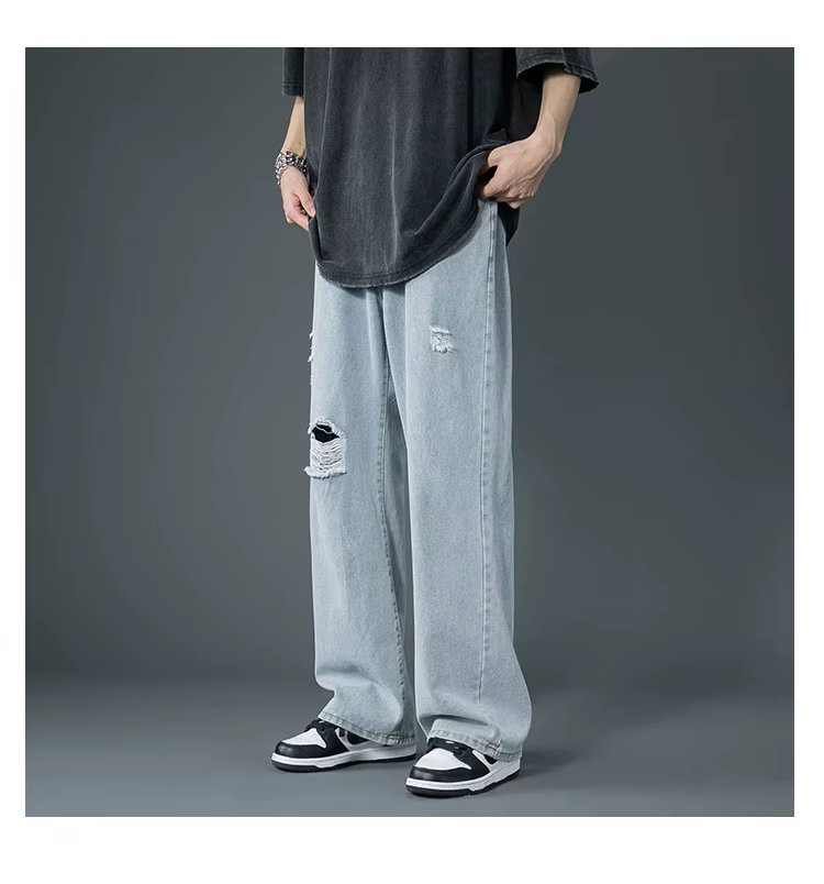 Jean déchiré pour hommes, tendance, jambe droite, ample, jambes larges, taille haute, pantalon en De