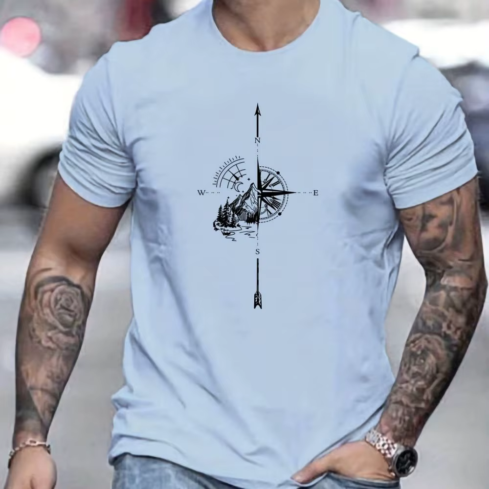 T-shirt pour homme 100% coton imprimé boussole avec rose de la boussole et motif nautique, streetwea