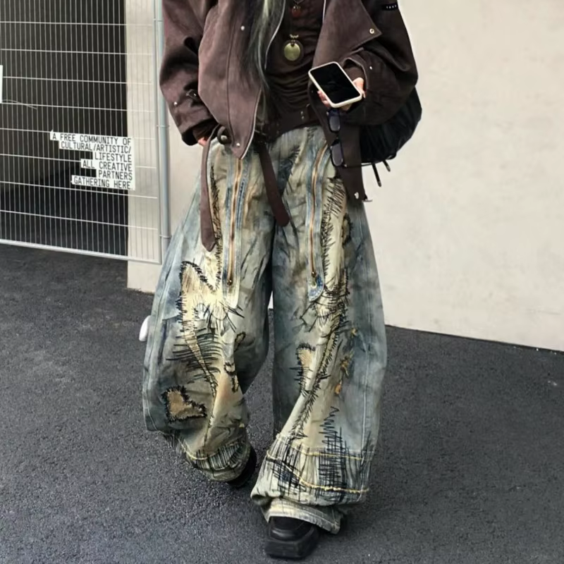 Pantalon en Denim brodé de Style American Street Destruction, surdimensionné, rétro, lavage, personn
