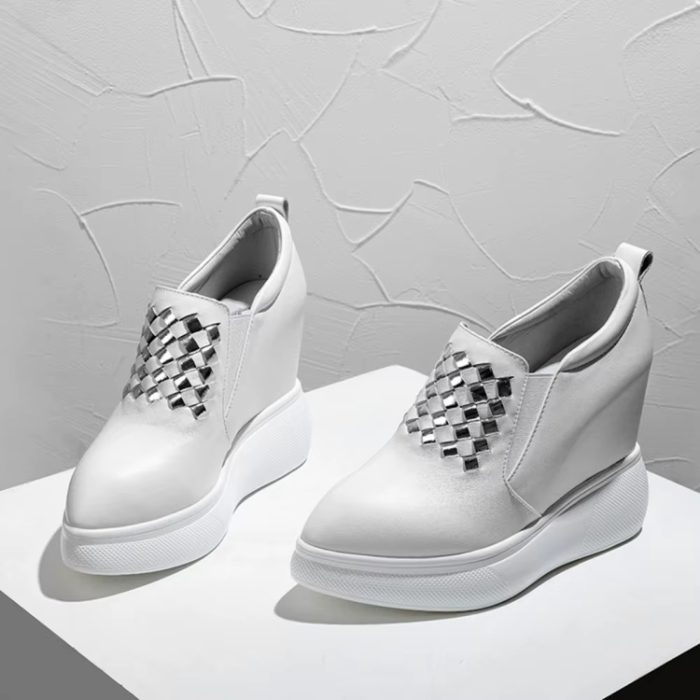 Baskets à Talons Hauts pour Femme, Blanc et Noir, Chaussures de dehors Décontractées à Semelle Optiq