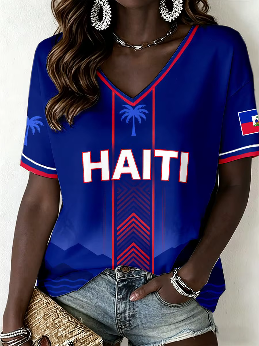 T-shirt pour femmes haïtiennes, motif 'HAÏTI', style maillot de football, manches courtes, décontrac