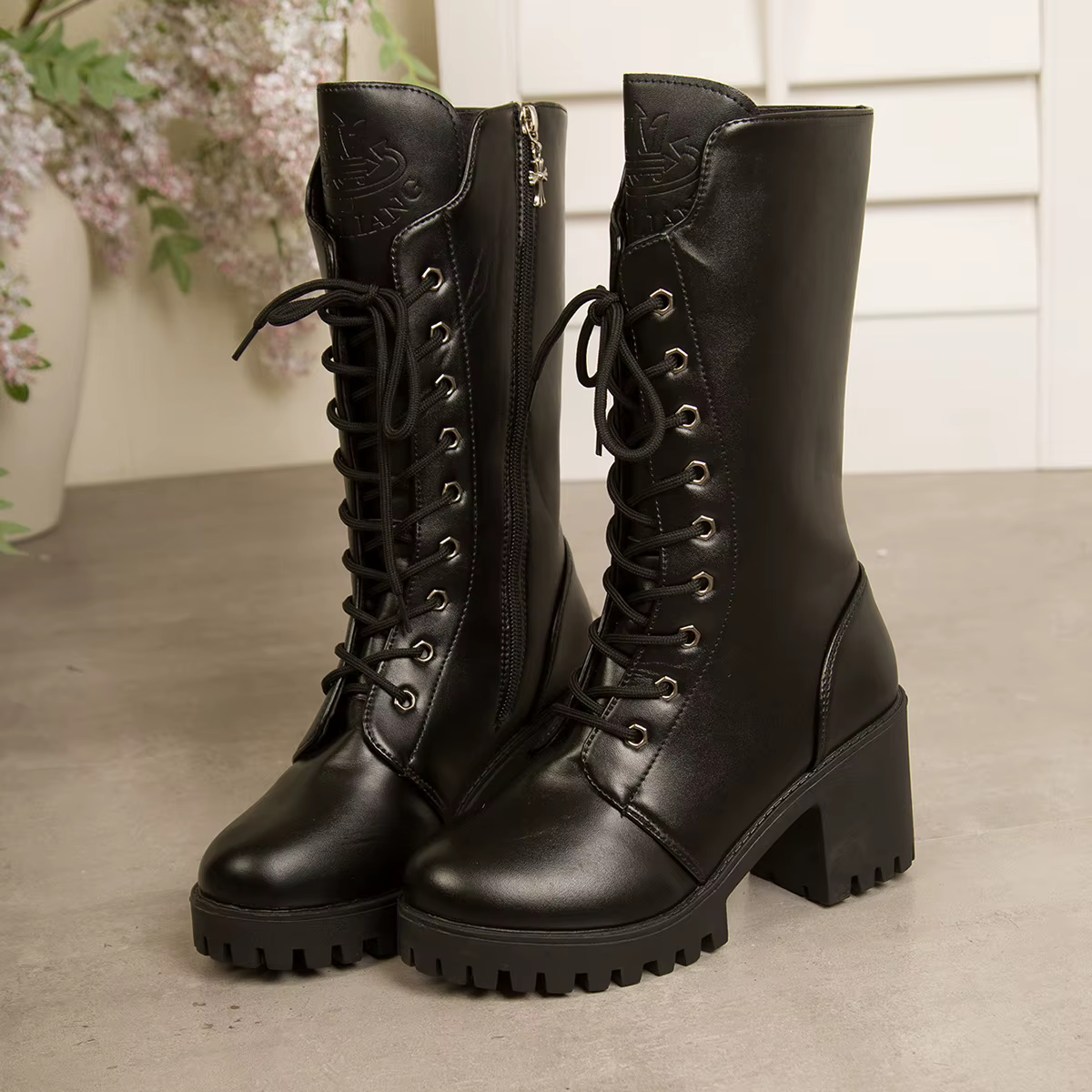 Bottes de moto style britannique pour femme, à talons épais, noires, élégantes, à lacets, hauteur ge