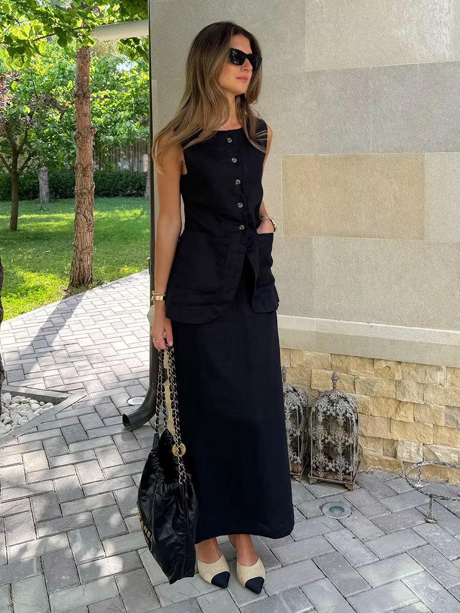 EINY Ensemble jupe longue Chic en coton et lin pour femmes, élégant, sans manches, simple boutonnage