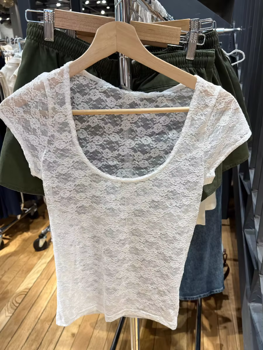 T-shirt à manches courtes en dentelle blanche pour femmes, haut court transparent sexy, col rond, st