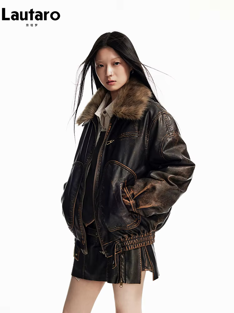Lautaro printemps automne Cool beau Vintage en détresse marron Pu veste en cuir femmes fausse fourru