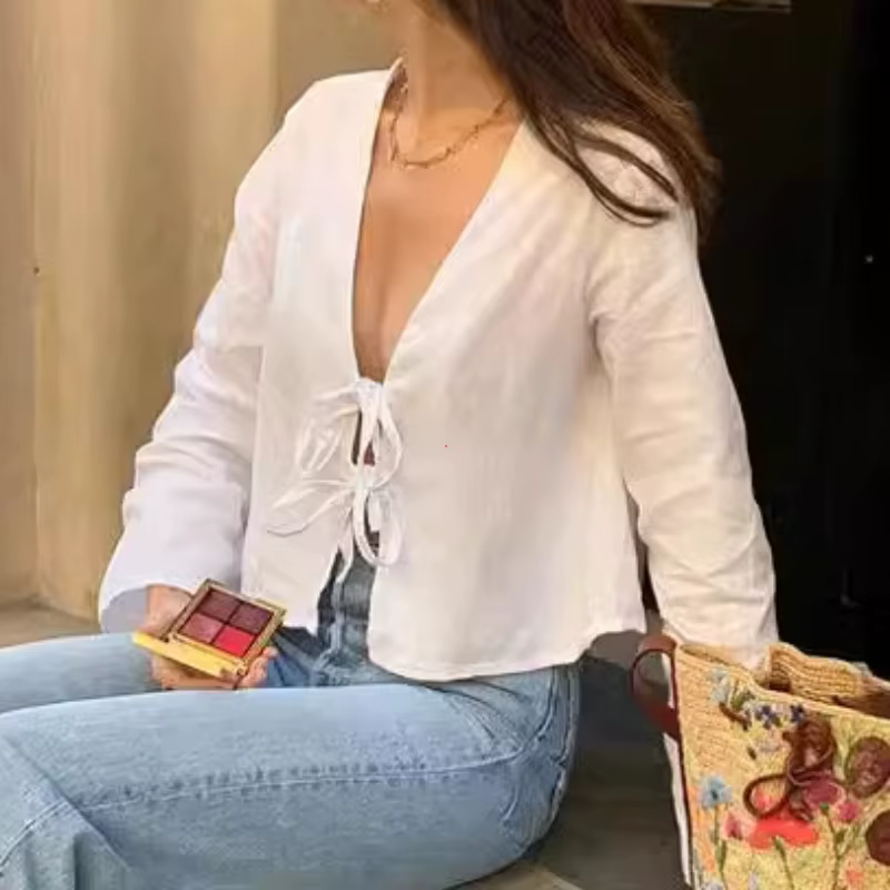 Chemisier à manches longues à lacets en lin vert pour femmes, chemise à col en V, mode chic, décontr