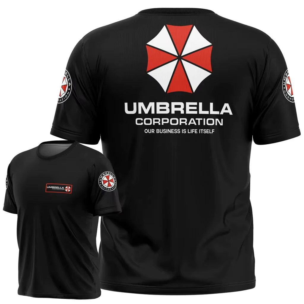 Resident Evil Umbrella Corporation T-shirt – Logo et slogan emblématiques noirs imprimés en 3D, parf
