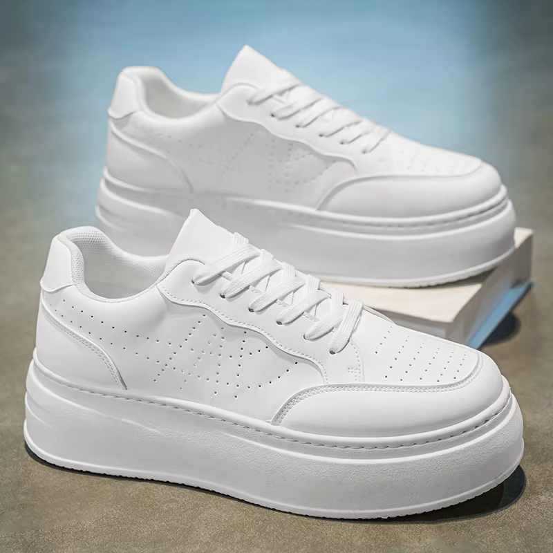 Baskets décontractées pour hommes, style designer, blanches, en cuir microfibre respirant, rehaussan