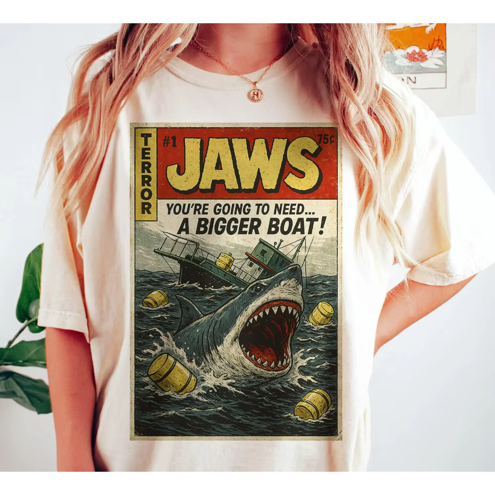 T-shirt à thème Jaws, T-shirt de merchandising de film, nouveau T-shirt rétro unisexe en coton décon