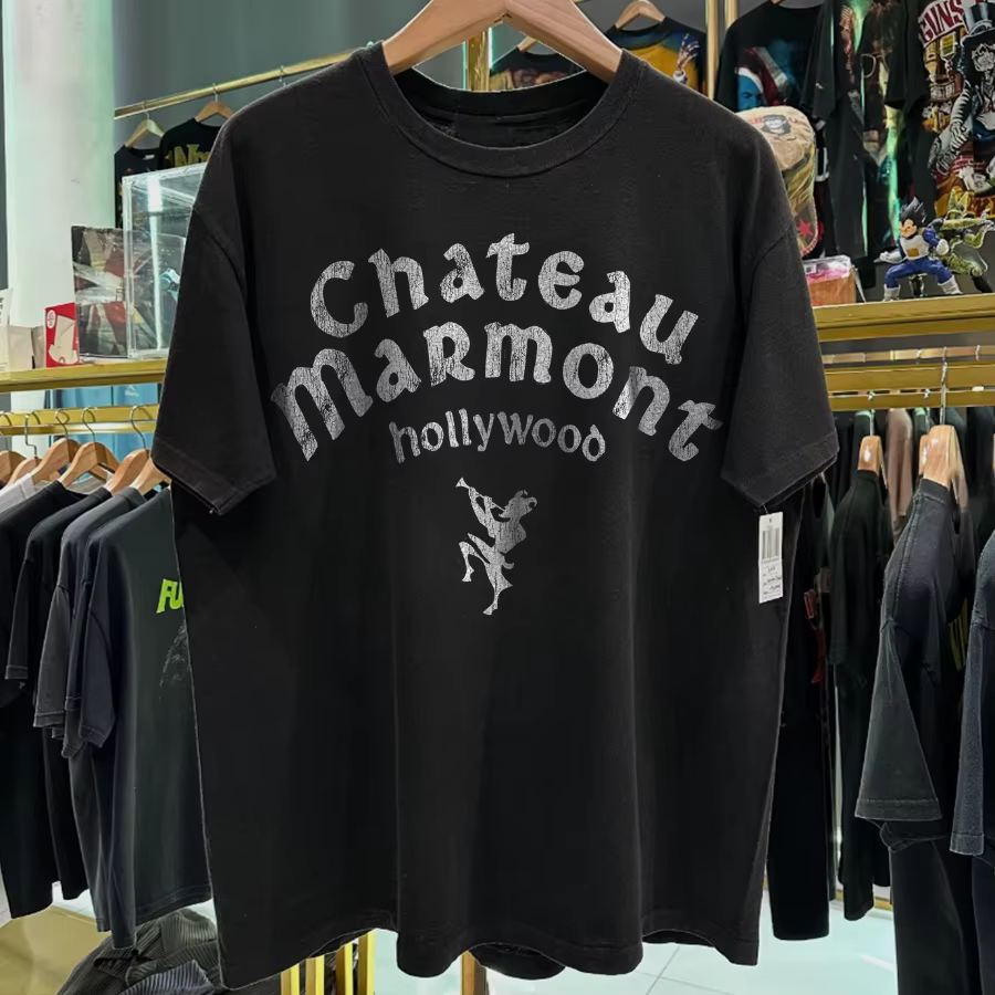 T-shirt noir délavé rare 'Hollywood' du Chateau Marmont des années 90, en coton imprimé, décontracté