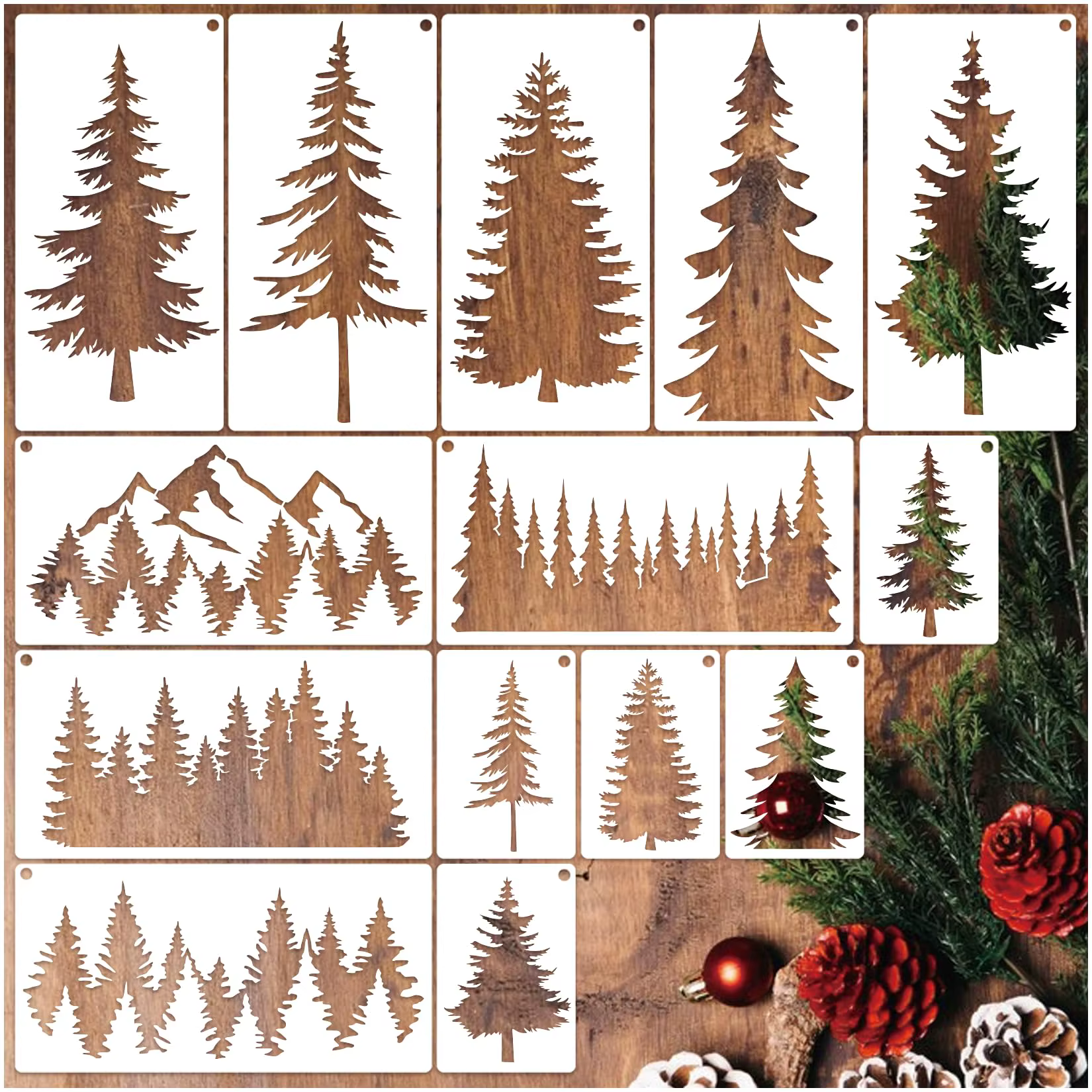 Lot de 14 pochoirs en forme de sapin, adaptés à la peinture, réutilisables, pochoirs représentant de