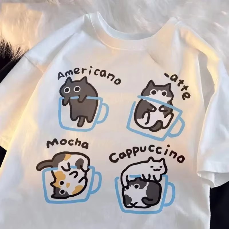 Chat café imprimé T-shirt femmes été nouveau col rond chat mignon décontracté vêtements d'été mode g
