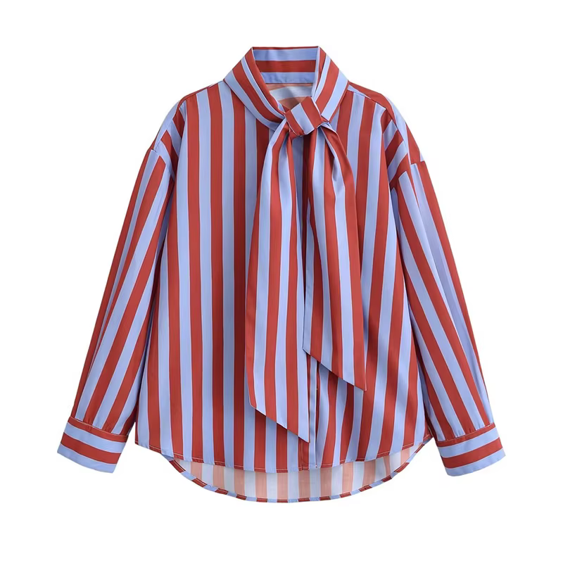 Chemise à rayures verticales rouges et bleues pour femmes, avec col noué, manches longues, ourlet in