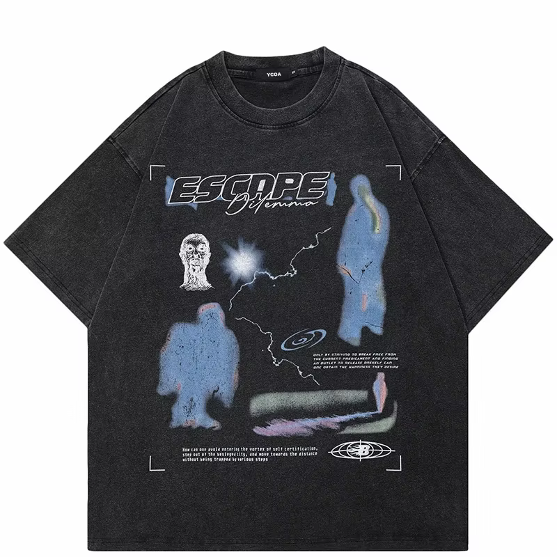 T-Shirt homme lavé noir Vintage Streetwear surdimensionné imprimé mode coréenne coton graphique évas