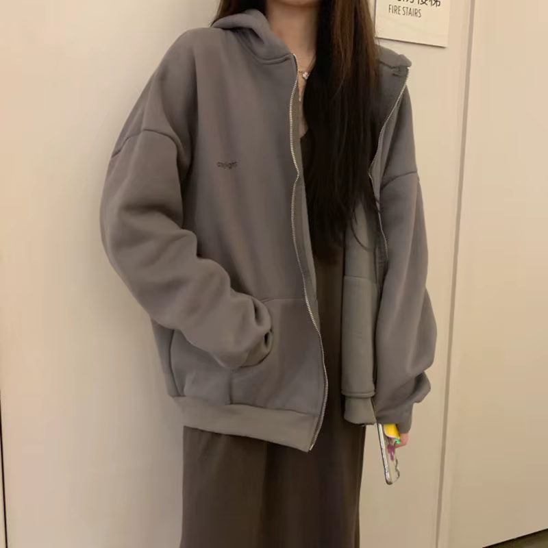 Sweat-shirt à capuche oversize pour femme, décontracté, uni, zippé, style Harajuku coréen, coupe amp