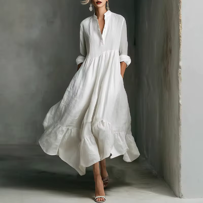 Robe longue blanche élégante pour femme, col en V, ourlet à volants, fluide, nouvelle collection pri