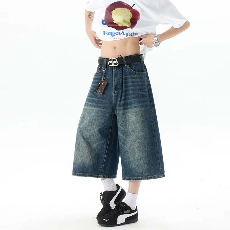 Jean court taille haute à jambes larges pour hommes, pantalon Capri en Denim extensible décontracté,