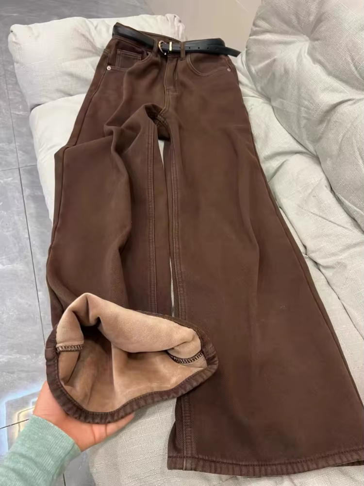 Jean Vintage en molleton à jambes larges pour femme, pantalon chaud, taille haute, ample, droit, hiv