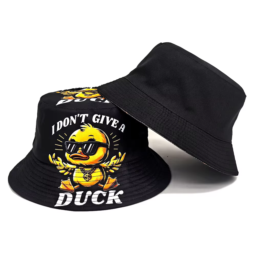 Chapeau Bob Double Face Imprimé Canard Jaune Cartoon Amusant Respirant Pliable Casquette de Pêcheur 