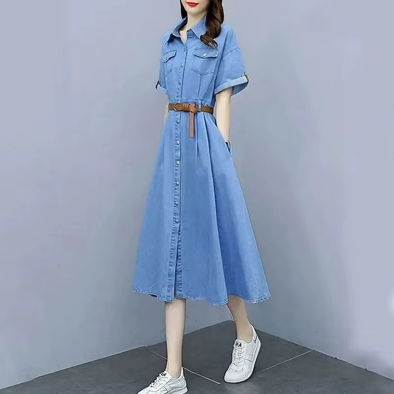 Robe Chemise en Jean Vintage Femme 2026 Nouvelle Collection Été Style Coréen Slim Manches Courtes Co