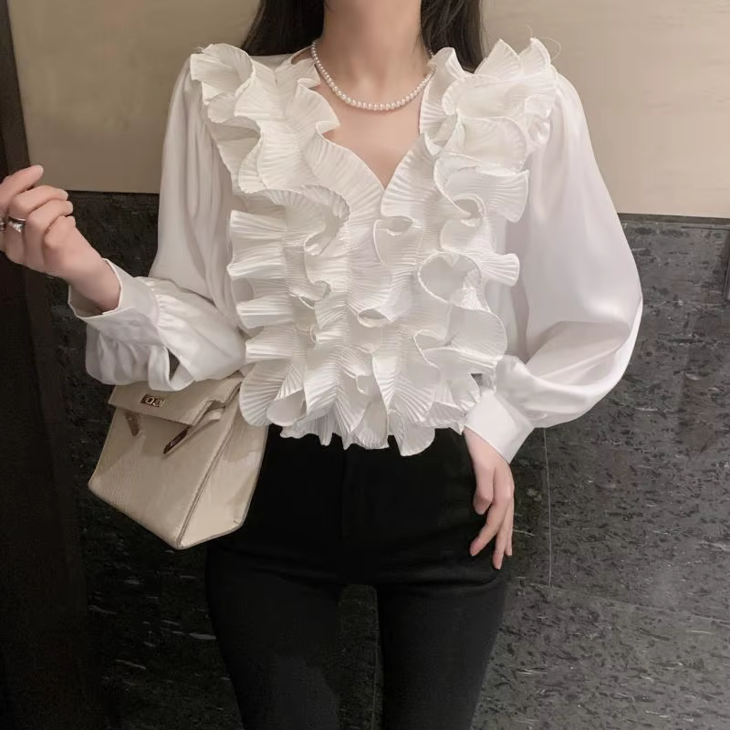 Chemise à col en V à bordure de champignon au design unique et chic, haut court intérieur haut de ga