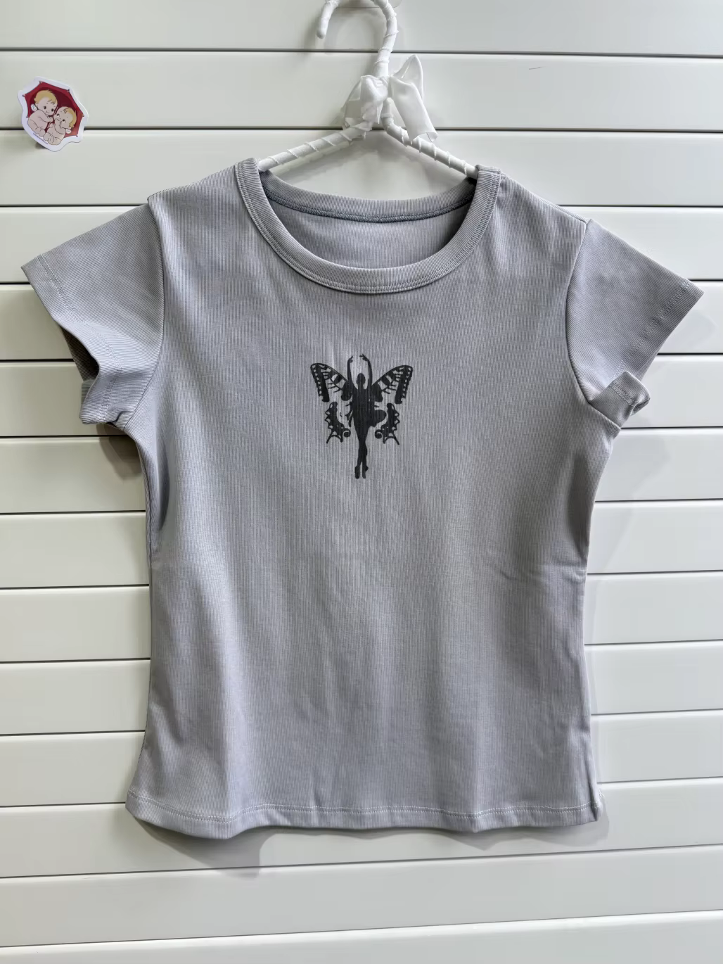 T-shirt slim à imprimé papillon pour femmes, col rond, manches courtes, en coton, style chic américa