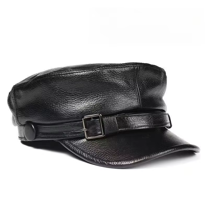 Bérets en cuir de vache véritable pour hommes, chapeaux Kufi noirs, casquette plate haut de gamme, c