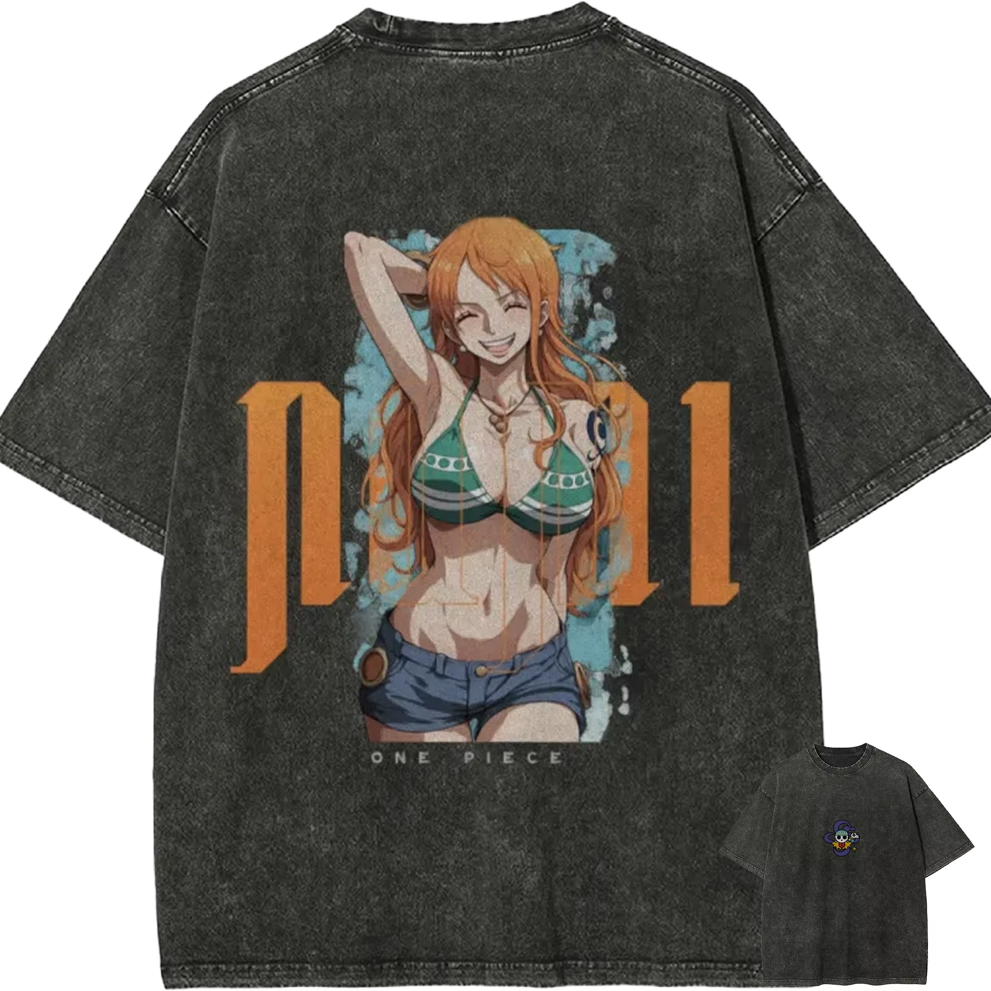 T-shirt Nami One Piece, fille anime sexy, vintage, effet délavé, streetwear, surdimensionné, graphiq