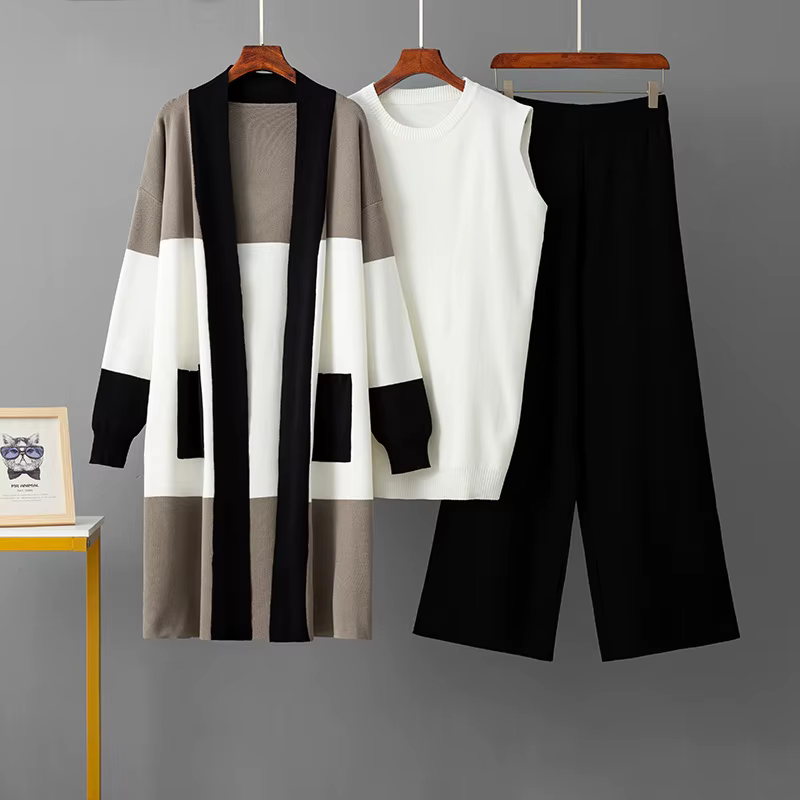 Ensemble décontracté à la mode pour femmes: pull mi-long, gilet à col rond et pantalon ample à jambe