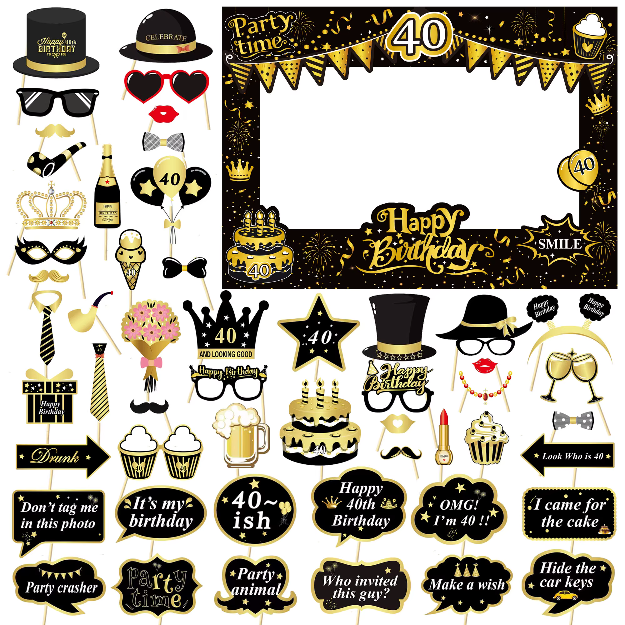 35 pièces noir et or anniversaire 18e, 21e, 30e, 30e, 40e, 50e, 60e accessoire de stand photo en pap