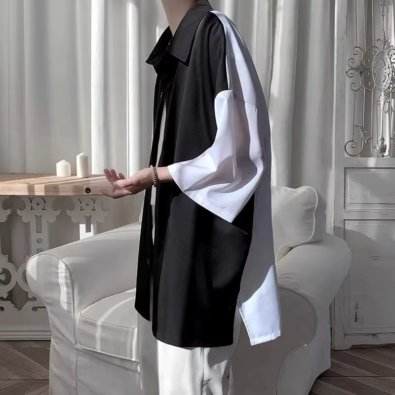 Chemise Homme Été Ample Tendance Marque Manches Trois-quarts Couleurs Contrastées Couture Patchwork 