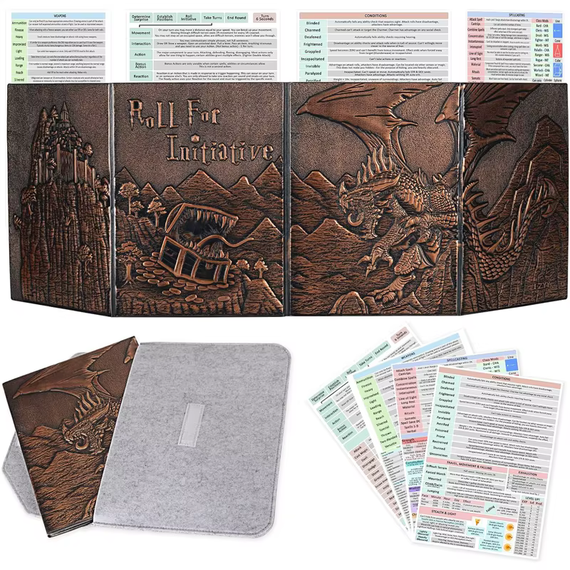 Écran Dungeon Master en simili cuir gaufré Dragon & Mimic, quatre panneaux avec poches Écran DM pour