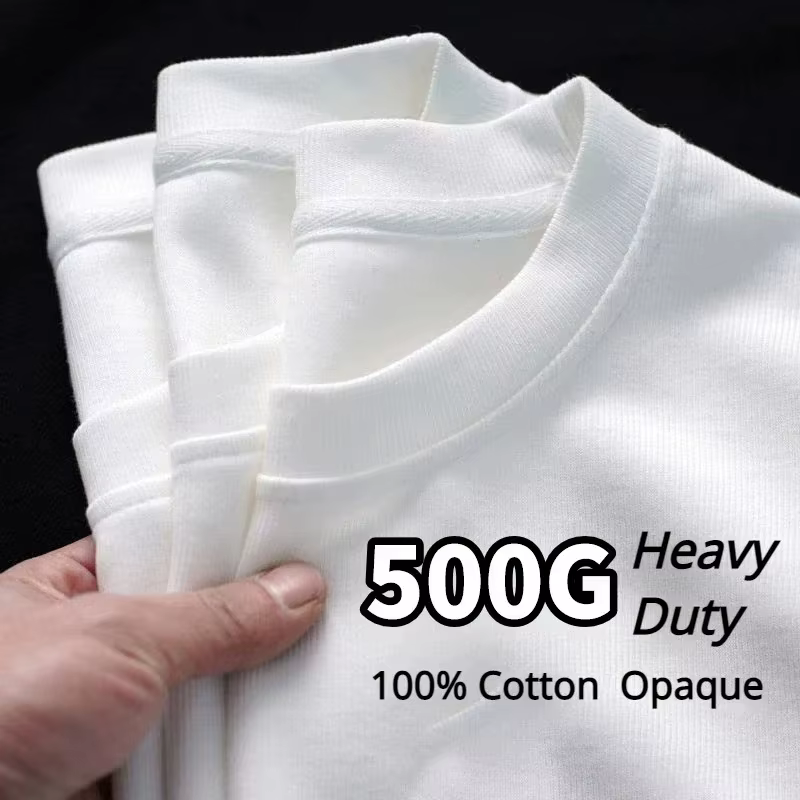 T-shirt en coton pur blanc robuste 500/300g, col rond, manches courtes, coudes renforcés, finition t