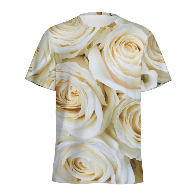 T-shirt graphique à fleurs roses rouges pour hommes et femmes, imprimé en 3D, motif floral, col rond