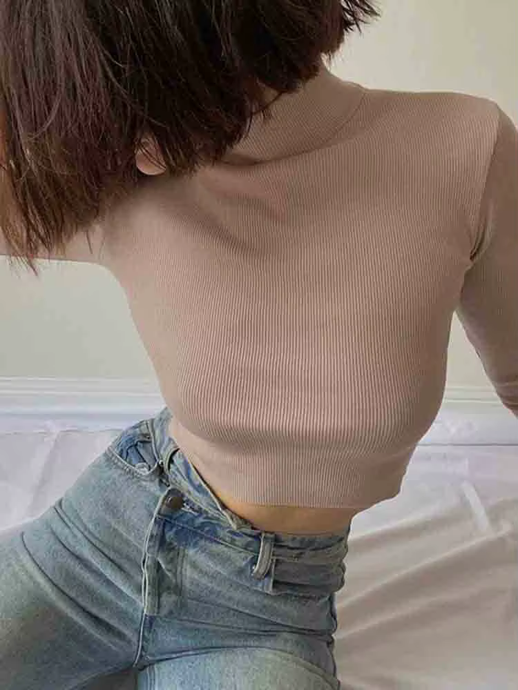 Solide nu col roulé recadrée T-shirt femmes automne décontracté à manches longues T-shirt dames maig
