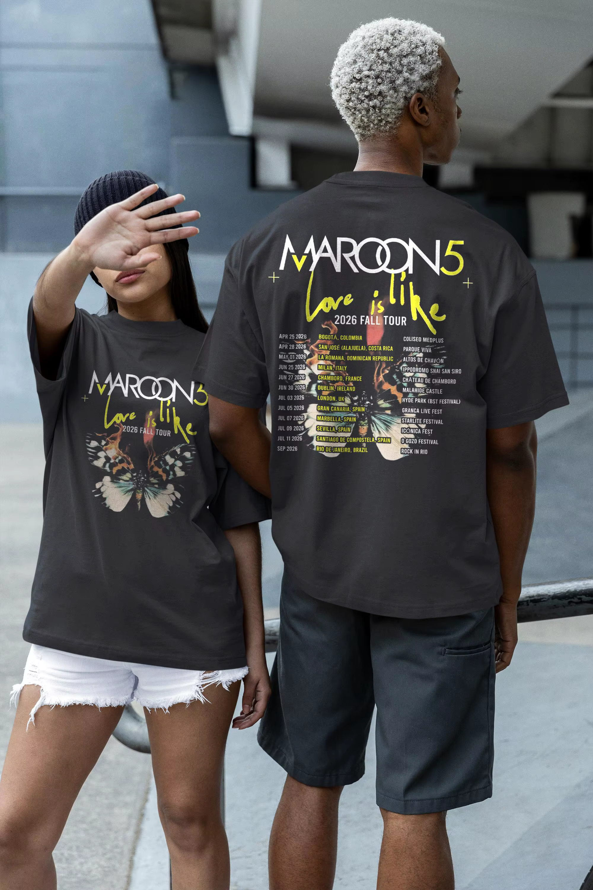 T-shirt graphique double face Maroon 5 Love Is Like 2026 Tour, groupe pop rock, coupe oversize unise