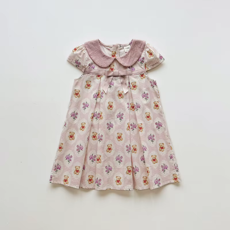 Robe d'été 2026 pour filles, col à revers, manches courtes, imprimé ours, avec nœud, pour 1-6 ans