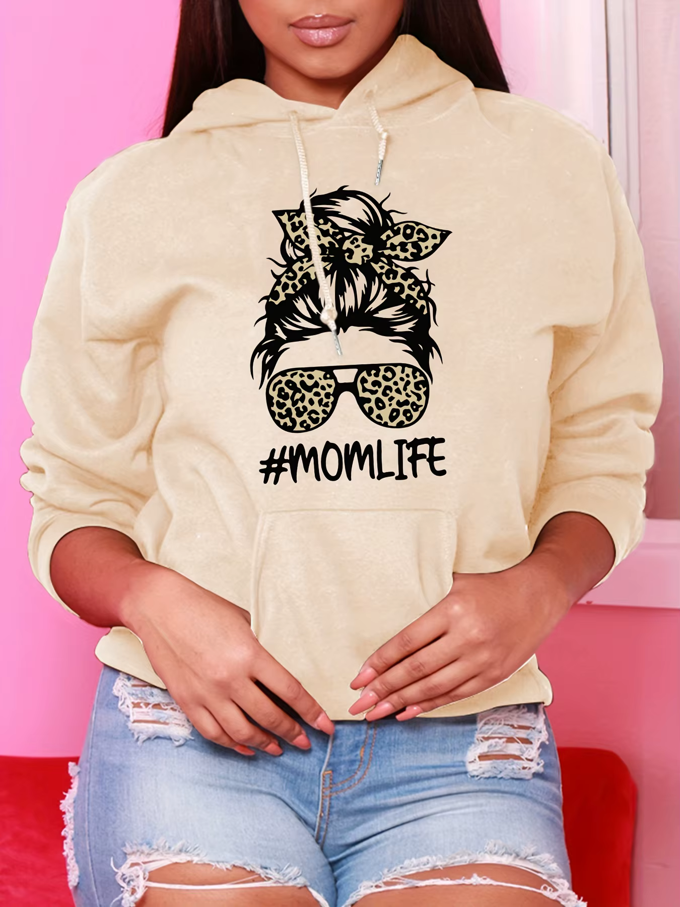 Sweat à capuche beige élégant pour femmes, avec imprimé léopard et lunettes à la mode, sweat-shirt d