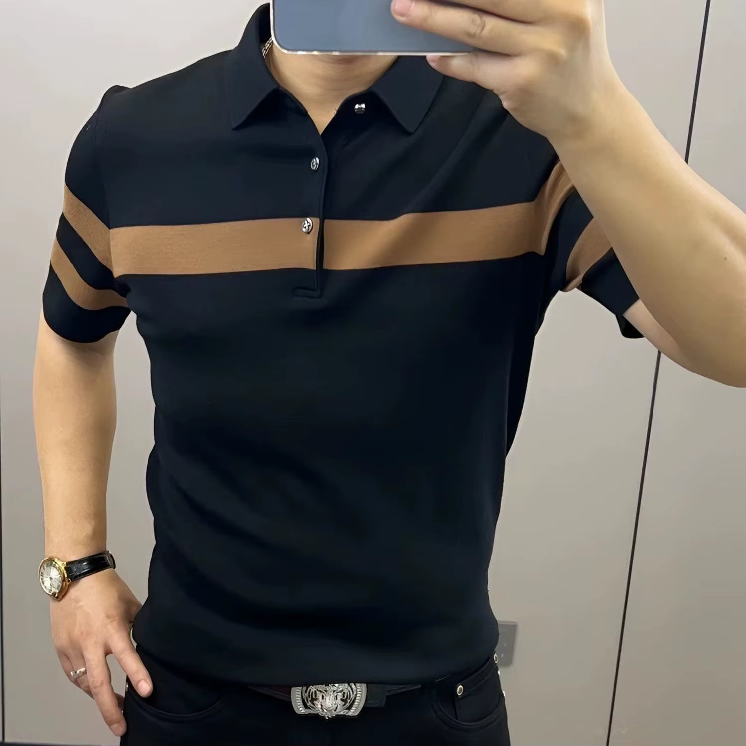 Chemise d'été à revers épissé pour hommes, légère, de luxe, coupe ajustée et belle, polyvalente, ray