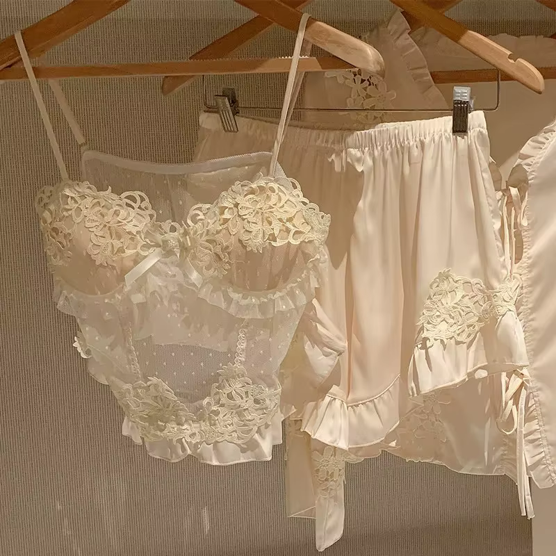 Ensemble pyjama 4 pièces pour femmes, vêtements de maison élégants, vêtements de nuit en Satin soyeu