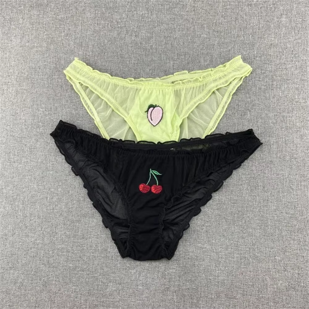 Culotte à volants pour femme, 2 pièces, en maille transparente, douce, brodée de fruits, pêche, ceri