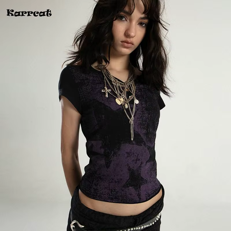 Karrcat Trashy Y2k haut court Grunge esthétique étoile imprimé T-shirt Vintage en détresse à manches