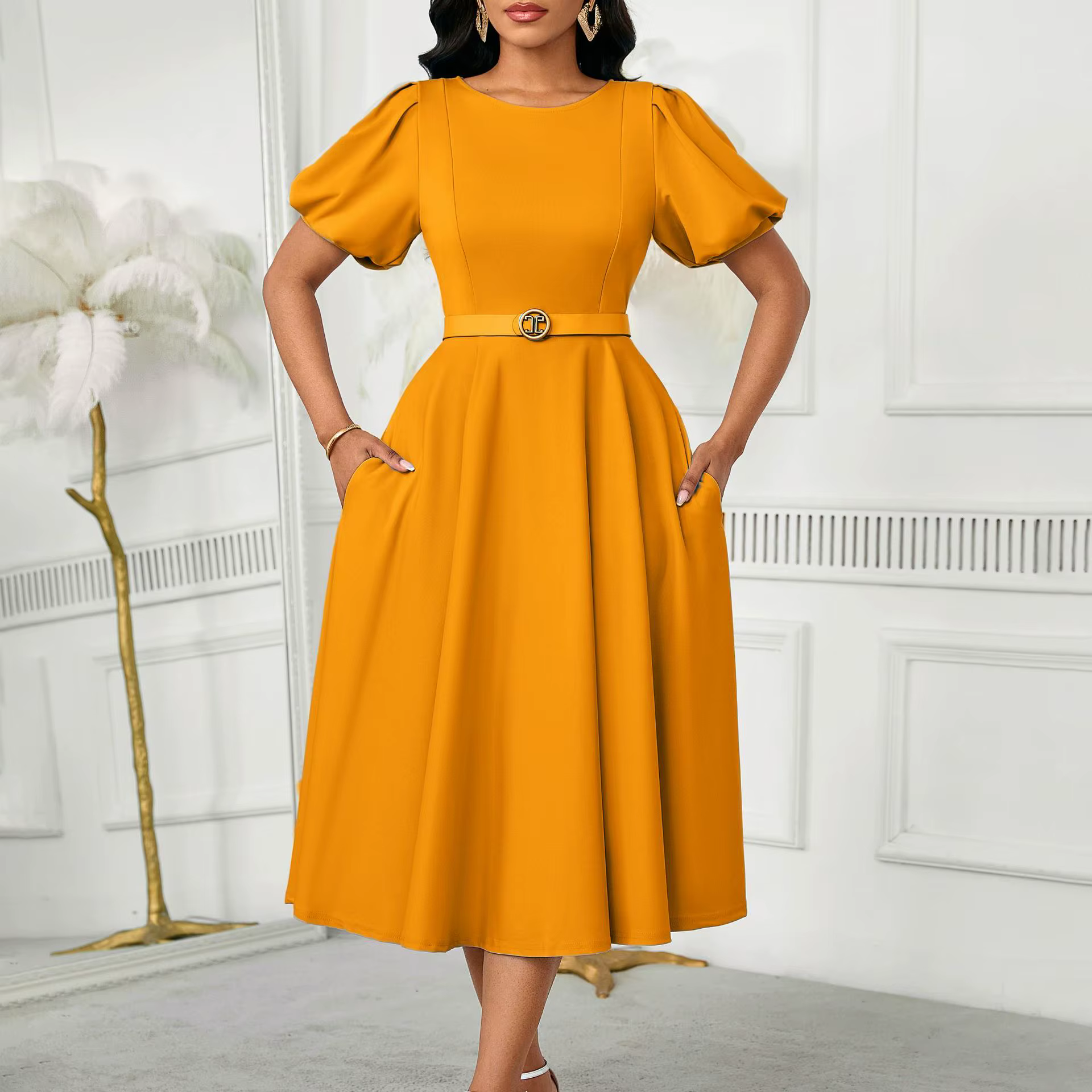 Robes élégantes pour femmes, ligne A, col rond, manches courtes bouffantes, ceinture plissée, couleu