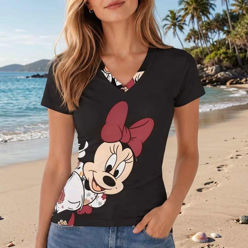 T-shirt Disney Minnie Mouse Kawaii pour femmes, vêtements d'été à col en v, à pois, manches courtes,