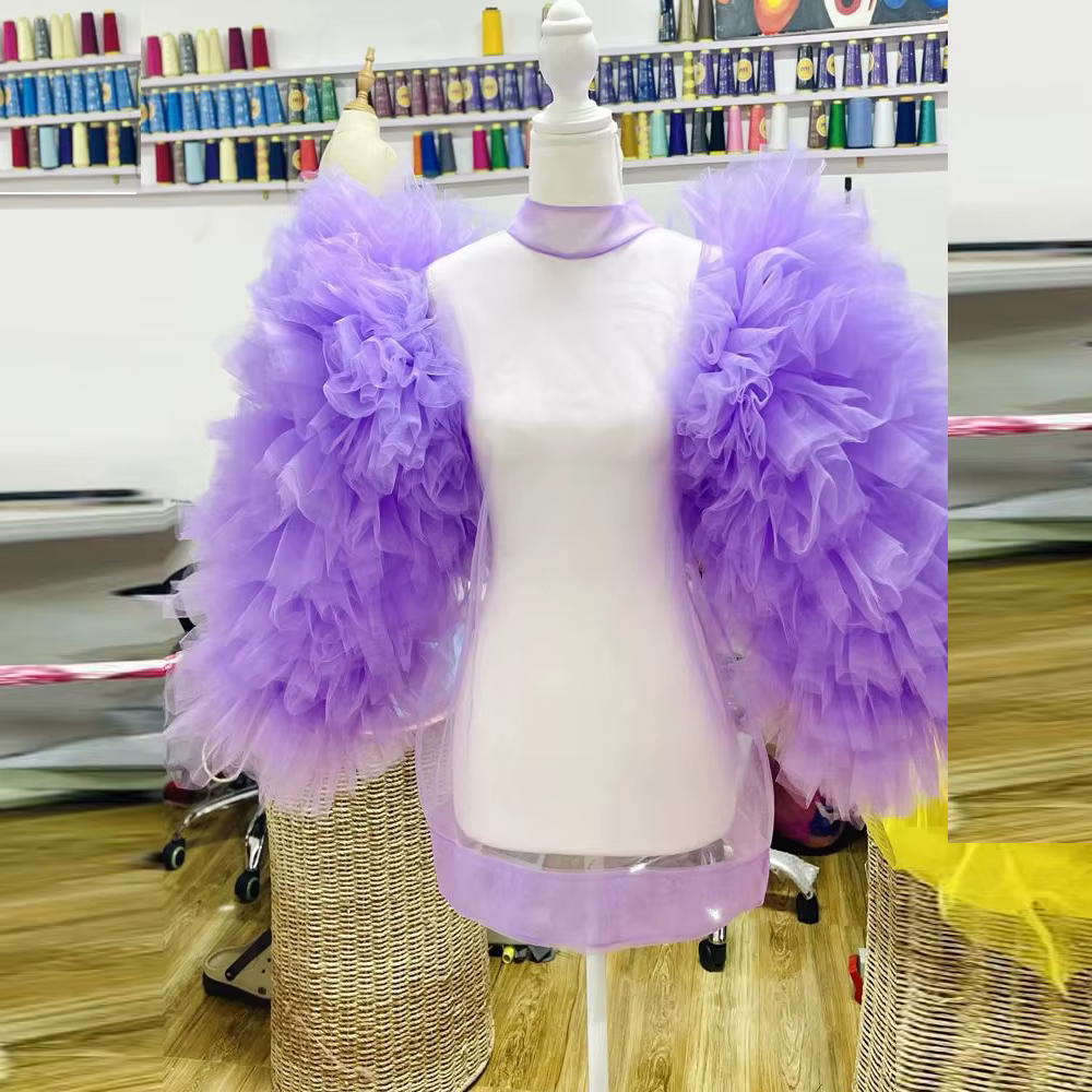 Chemise bouffante lilas, manches longues, chemisier luxuriable en Tulle, Extra couches pour femmes, 