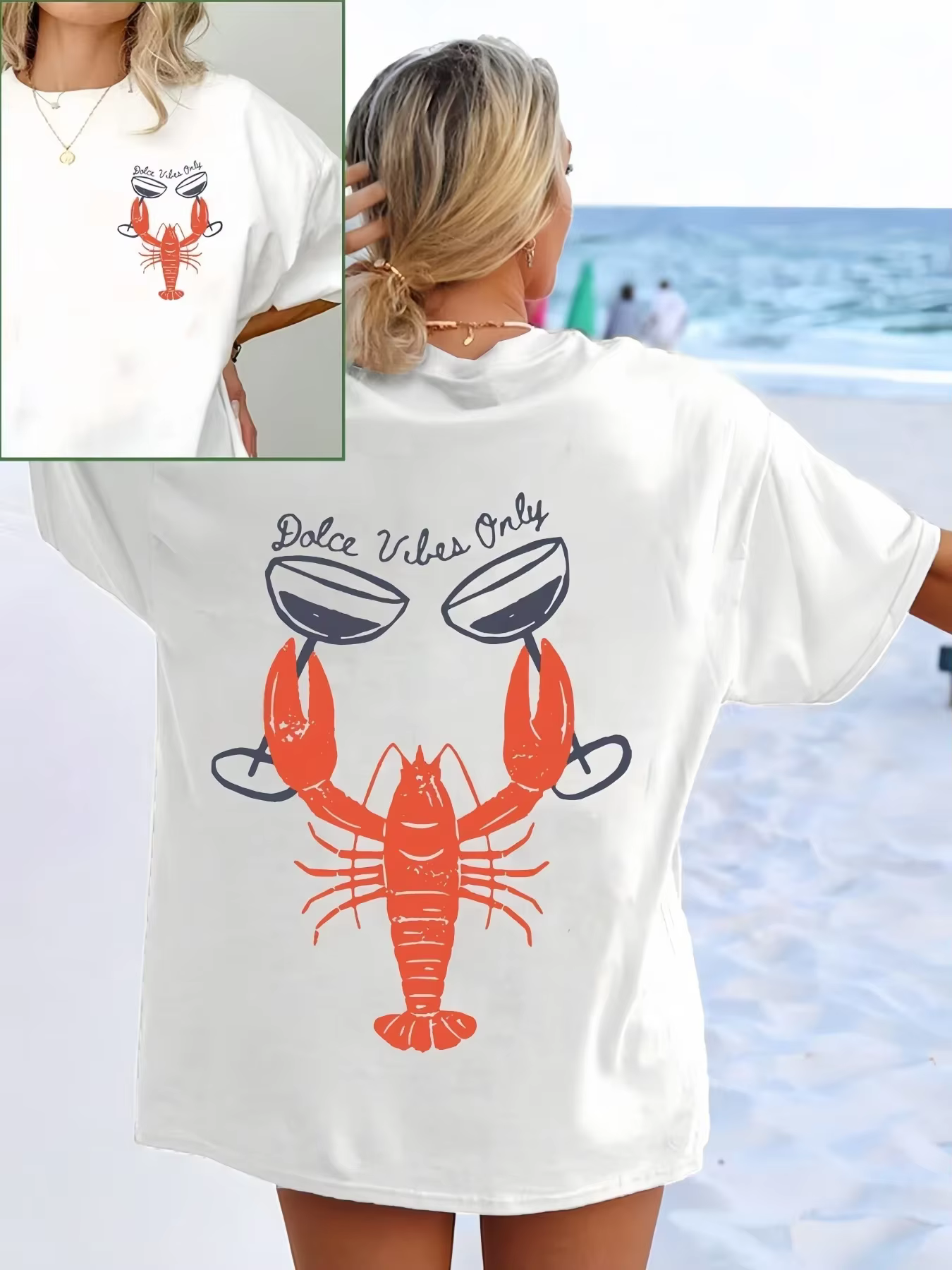 T-shirt à manches courtes imprimé homard et verres à vin, style décontracté et polyvalent, adapté à 
